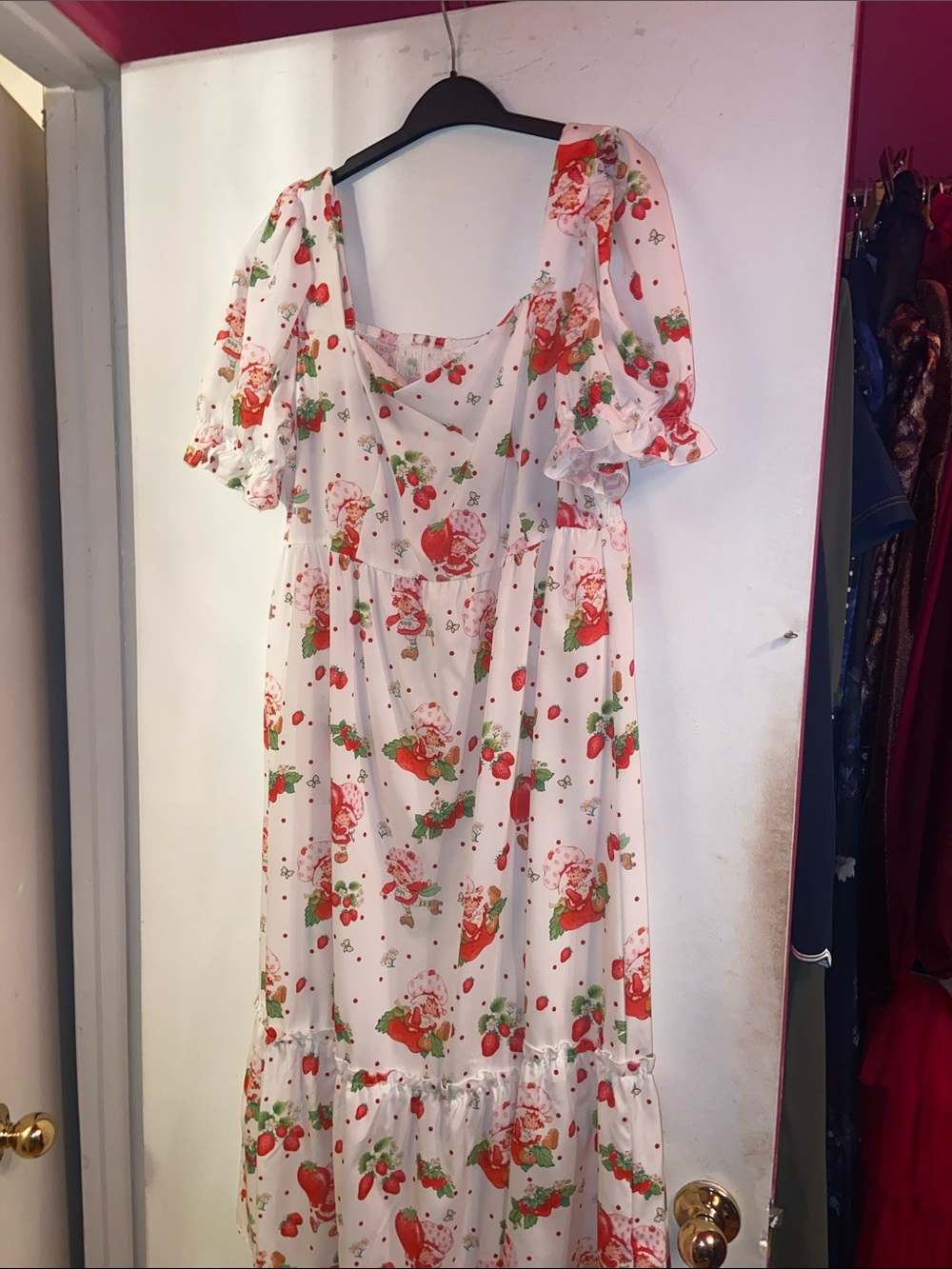 White Strawberry-Print Puff Sleeve Maxi Dress